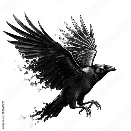 A captivating raven soars, its wings spread wide, feathers dissolving into particles, creating a dynamic and mysterious isolated on