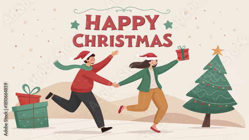 Christmas happy holiday celebration festive season merry christmas tree gifts family joy together winter vector illustration