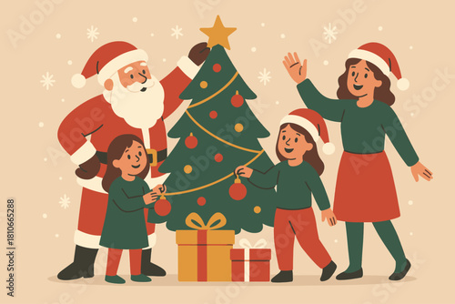 Christmas family santa tree gifts holiday season celebration festive joy happiness togetherness decor vector illustration