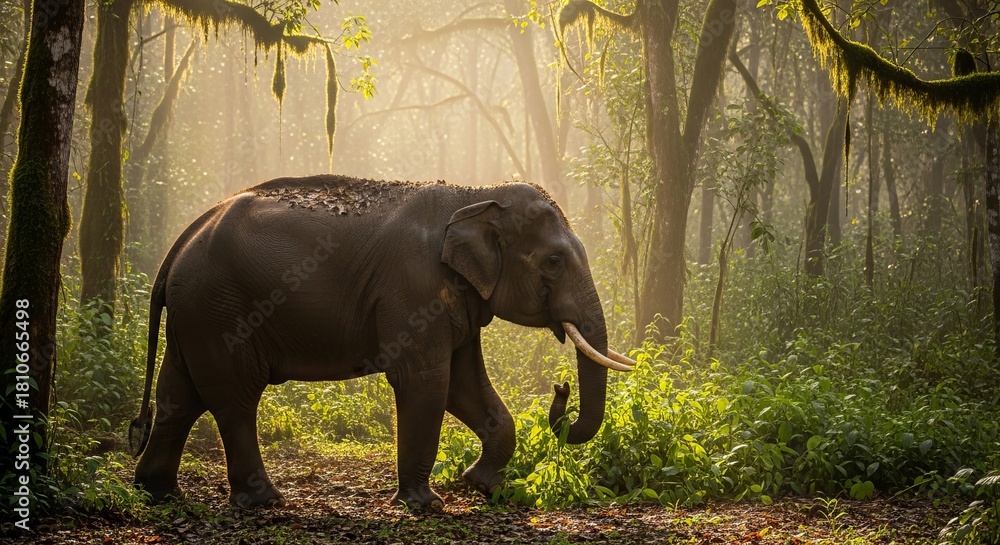 Fototapeta premium Forest elephant with rounded ears, long straight tusks, and dark wrinkled skin, standing among dense rainforest vegetation. Smaller and stockier than savanna elephants, blending into the shadows.