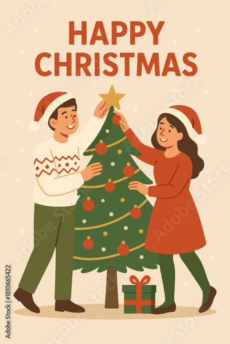 Happy christmas holiday christmas tree christmas decoration family christmas celebration christmas card vector illustration