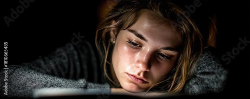 Exhausted student slumped over laptop desk concept. A young woman deeply focused on reading in low light.
