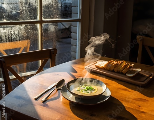 Creamy Potato Soup on Rustic Table by Rainy Window
