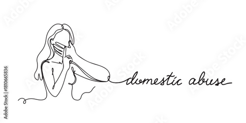 Minimalist continuous line art of a silenced woman with 'domestic abuse' text. Symbolizes domestic violence, trauma, and the call for silence awareness.