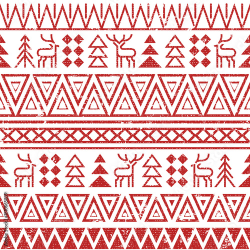 Seamless pattern with deer and trees. Geometric vector ornament in Scandinavian minimalist style.