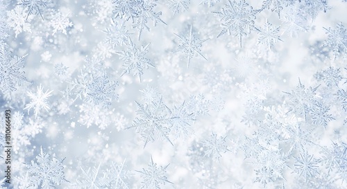 A close-up view of intricate snowflakes against a soft blue and white background, creating a delicate winter pattern.