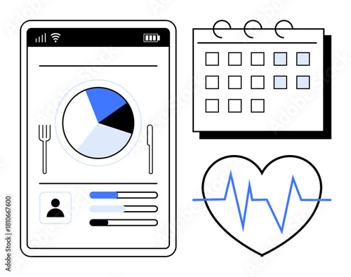 Mobile app interface with pie chart nutrition tracker, calendar organization, and heartbeat line in heart outline. Ideal for health monitoring, fitness planning, diet tracking, self-care apps