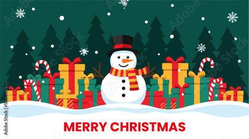 Flat Vector Merry Christmas Card with Snowman and Gifts
