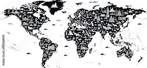 World map illustration with landmarks and animals in black and white detailed design style vector art