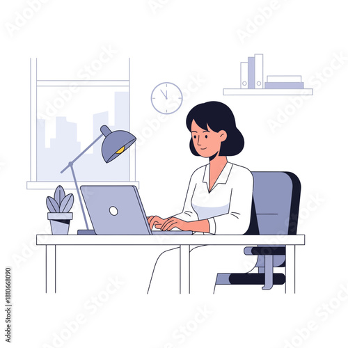 Mujer trabajando en oficina moderna con laptop – ilustración estilo cartoon