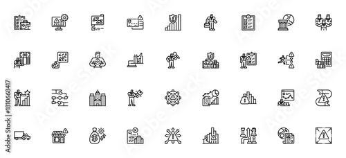 Risk Management icon set. Business vector icons pack Includes symbols for planing, analysis, budget, assssment, strategy, recovery insurance, and more.