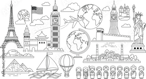 World landmarks and cultural icons in black and white outline drawing style for coloring book page