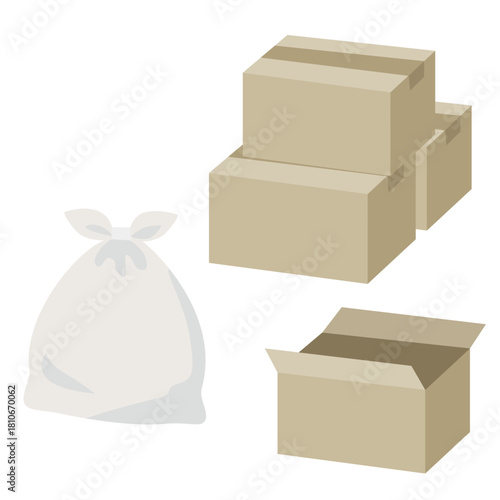 段ボールとゴミ袋のイラスト素材／引っ越し・片付け・大掃除