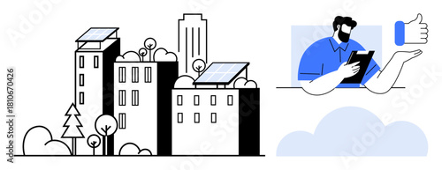 Urban buildings with rooftop solar panels and trees emphasizing sustainability. Person holding a tablet giving approval. Ideal for renewable energy, eco-living, digital solutions, green technology