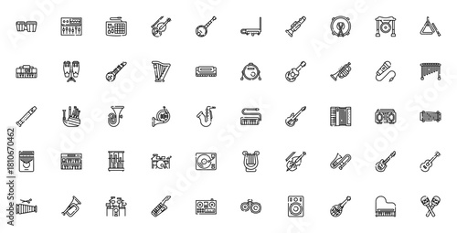 Music Instruments icon set. Vector illustration. Minmalist music icons pack. Icludes symbols for guitar,piano, drum, violin, saxopone, trumpet, microphone ad more. Editable stroke.