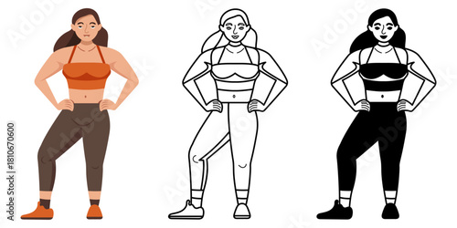 Isolated flat vector artwork of a young woman bodybuilder