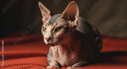 Alert Sphynx Cat Resting on Red Blanket with Focused Expression
