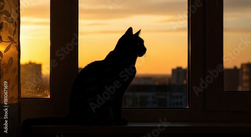 Silhouette Cat Sitting on Window Sill Watching Golden Sunset
