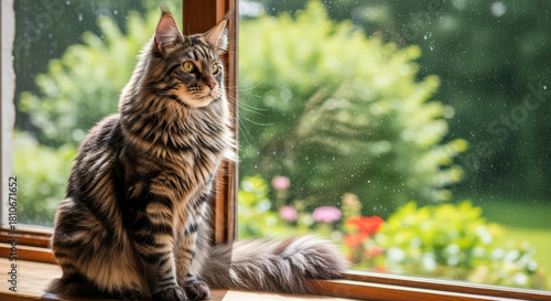 Brown Striped Cat Sitting by Window Looking Out at Garden
