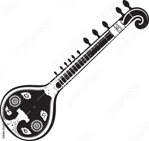 black silhouette of veena on white background, vector