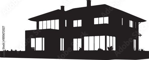 black silhouette of villa house on white background, vector 