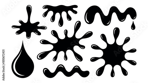 Black Ink Splatters and Drops on White Background
