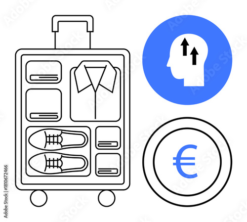 Travel packing concept. Organized suitcase compartments for clothing and essentials, euro currency symbol for financial focus, growth symbol for personal development. Great for travel, money