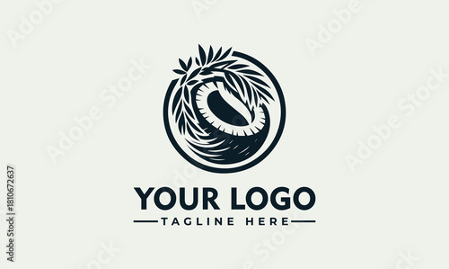 vector logo illustration of a coconut and palm leaves in a circle emblem