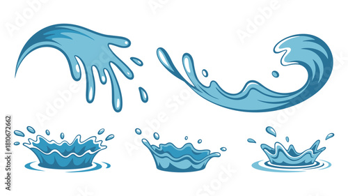 Blue Water Splashes and Waves on White Background