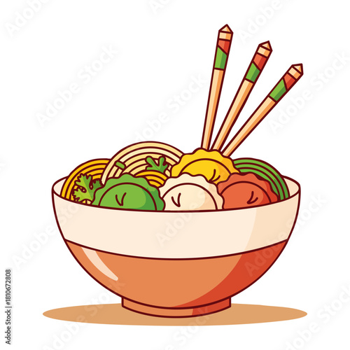 Asian noodle soup with dumplings cartoon illustration. Vector food bowl with chopsticks icon for Chinese restaurant menu