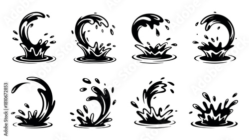 Eight Black Water Splashes and Drops on White Background