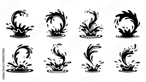 Eight Black Water Splashes and Drops on White Background