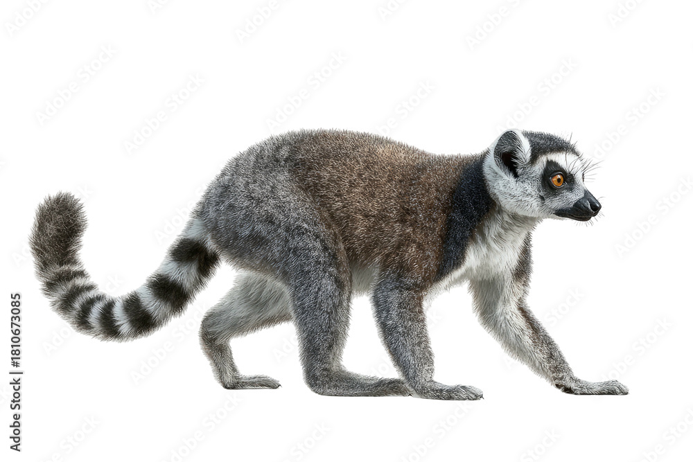 Naklejka premium Ring-tailed lemur walks with a striped tail
