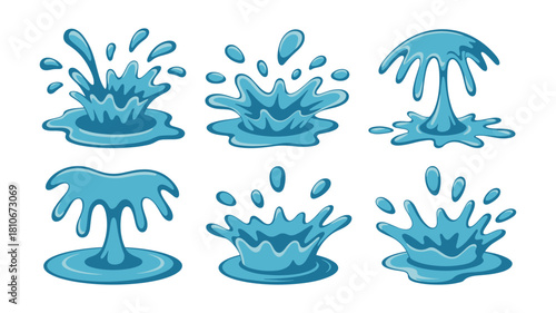Six Blue Water Splashes and Drops on White Background 