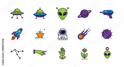 Colorful Space Icons Alien, Spaceship, Astronaut, Comet, and Rocketship Illustrations