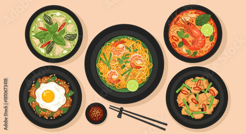 An overhead flat-lay illustration showcasing a vibrant spread of Thai classics like Pad Thai, Tom Yum, and Green Curry in dark bowls, accompanied by chopsticks on a peach background