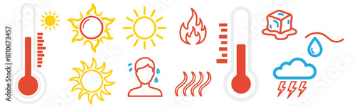 Illustrative icons depicting hot and cold weather conditions, including sun, fire, thermometer, ice cube, rain, and sweating person isolated on transparent background