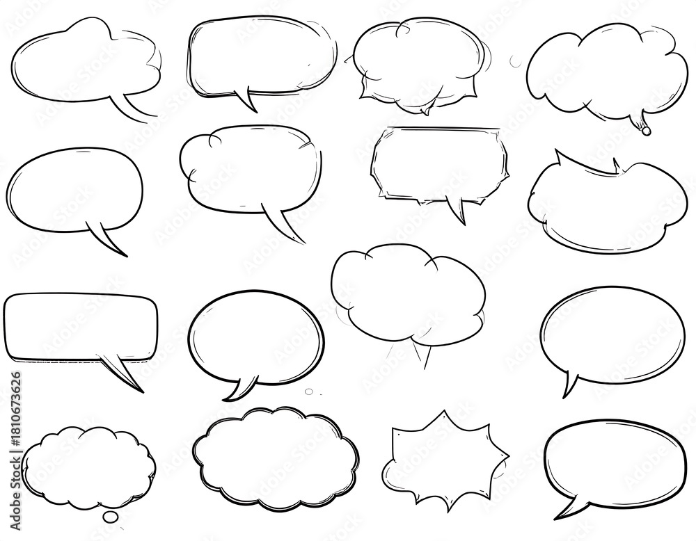 Obraz premium Collection of sixteen unique, hand-drawn, black and white speech bubbles on a white background