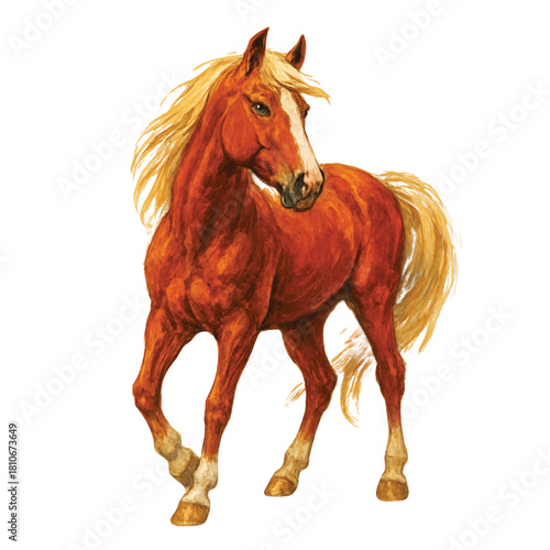 A beautifully illustrated chestnut horse with a flowing blonde mane and tail on a white background.