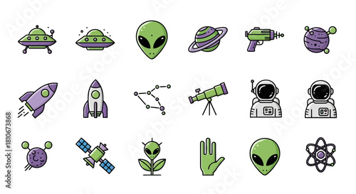 Space Exploration Icons Set Astronaut, Alien, and Universe Elements
