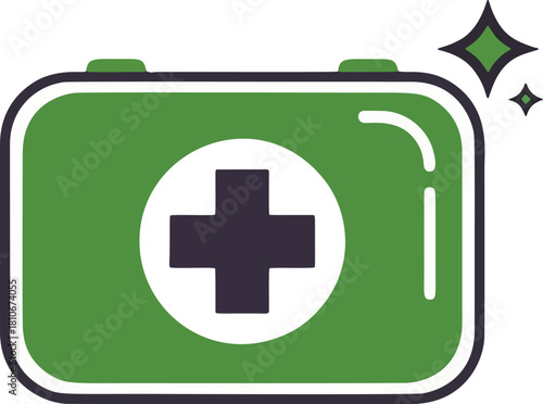 Green first aid kit with a white cross and subtle sparkles, isolated on on a transparent background