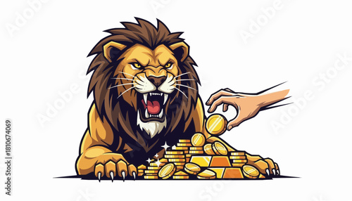 Ferocious lion guarding wealth, hand adding golden coins, symbolizing power and financial security in a visually striking and memorable design, royalty