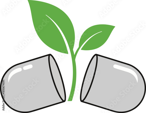 Natural medicine capsule with green plant sprout, representing organic health and herbal supplements isolated on on a transparent background