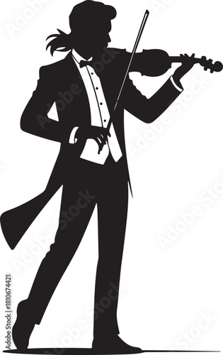 black silhouette of violinist on white background, vector