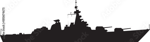 black silhouette of warship on white background, vector.