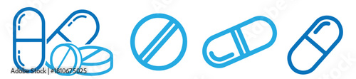 Collection of four medicine pill icons in blue, depicting capsule, tablet, and drug for healthcare, treatment, medication, and pharmaceutical isolated on transparent background