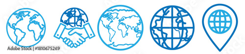 Set of five global icons in blue, representing worldwide connection, global partnership, international business, and location on the earth isolated on transparent background