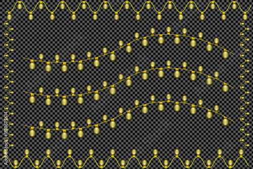 Festive vector lamp garland and glowing light string great for celebration. Christmas golden yellow lights on a transparent background.
