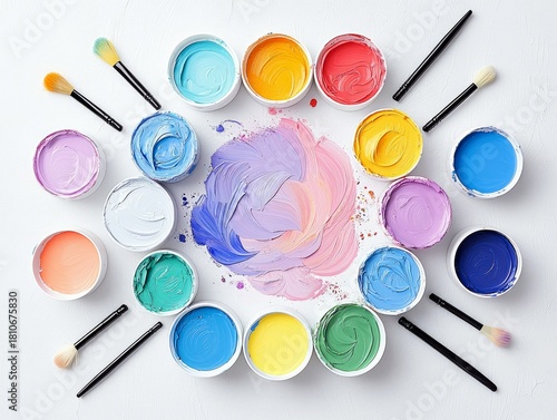 Wallpaper Mural A flat lay of various open paint pots in a rainbow of colors, along with several art brushes, arranged on a white background. Torontodigital.ca