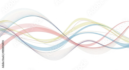 Colorful, flowing wave lines in pastel shades of blue, red, yellow, and purple sweep across a white background, creating a smooth and modern abstract design.